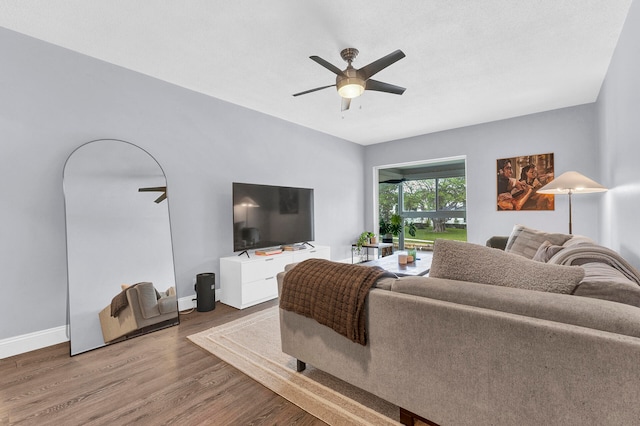 living room with ceiling fan and hardwood / wood-style floors