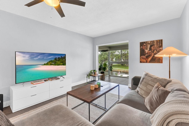 living room featuring ceiling fan, a textured ceiling, and light hardwood / wood-style flooring