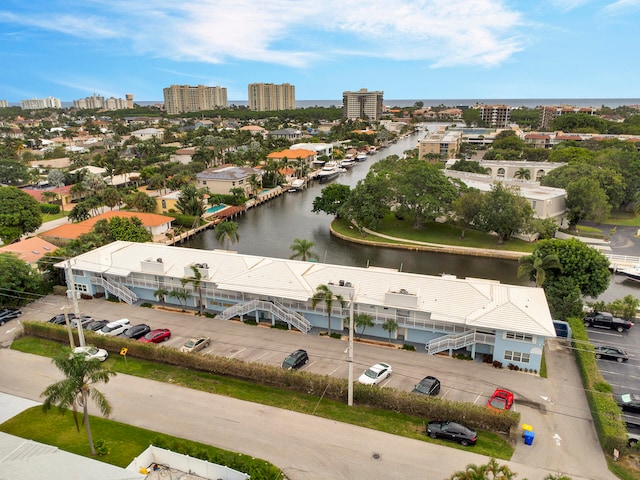 bird's eye view with a water view