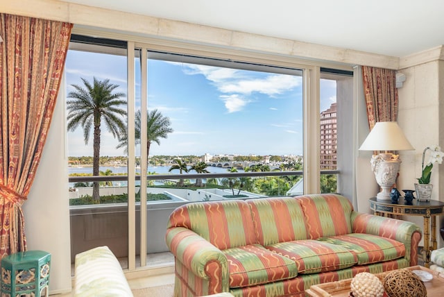 living room featuring a water view