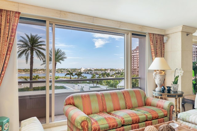 living room with a water view