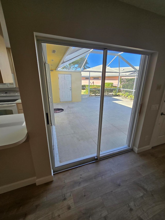 doorway to outside featuring dark wood-type flooring