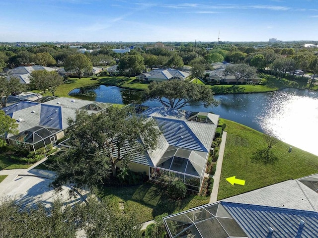 drone / aerial view featuring a water view