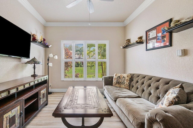 living room with crown molding, a textured ceiling, and light hardwood / wood-style floors