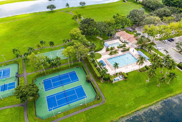 aerial view featuring a water view