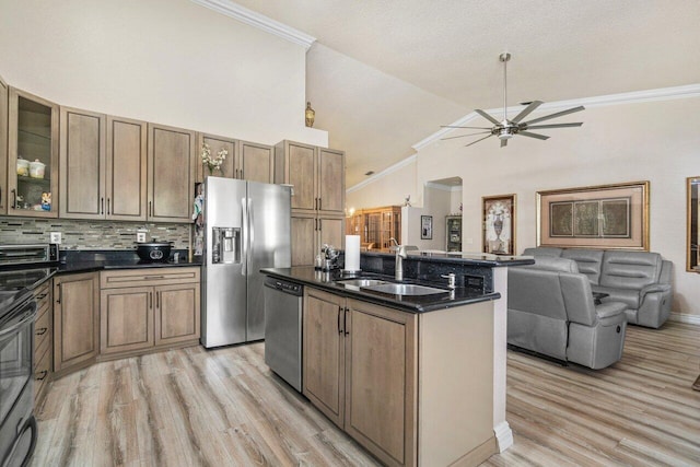 kitchen with sink, a kitchen island with sink, stainless steel appliances, ornamental molding, and light wood-type flooring