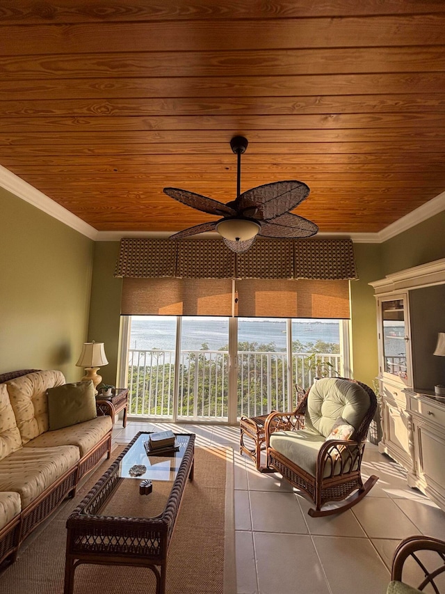 sunroom featuring ceiling fan and wooden ceiling