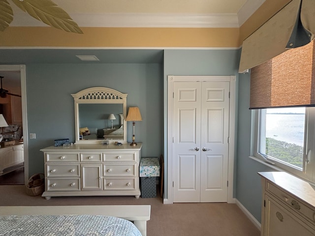 carpeted bedroom with crown molding and a closet