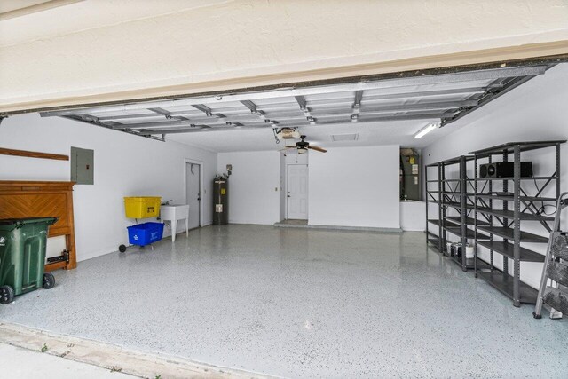 garage featuring ceiling fan, sink, water heater, electric panel, and a garage door opener