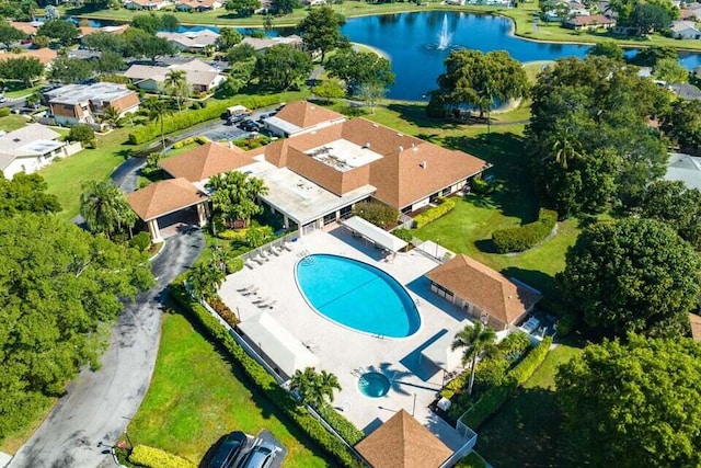 drone / aerial view featuring a water view