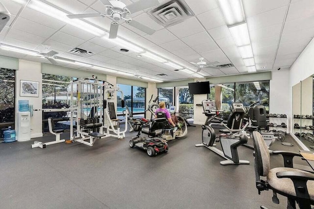 gym with a drop ceiling, ceiling fan, and a healthy amount of sunlight