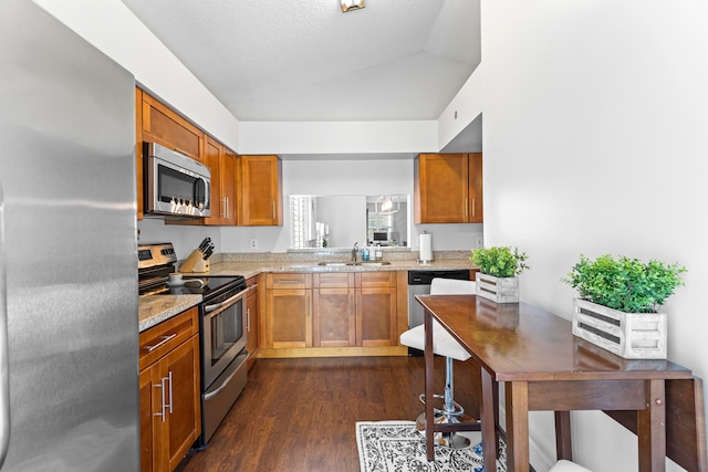 kitchen with light stone countertops, sink, dark wood-type flooring, lofted ceiling, and appliances with stainless steel finishes