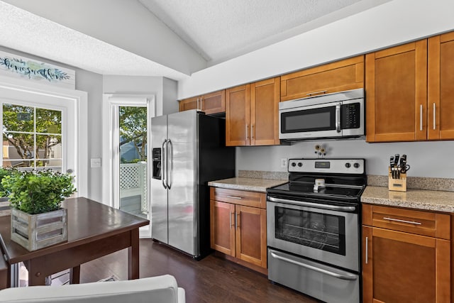 kitchen featuring lofted ceiling, a textured ceiling, appliances with stainless steel finishes, dark hardwood / wood-style flooring, and light stone counters