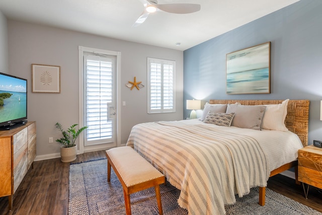 bedroom with ceiling fan and dark hardwood / wood-style flooring