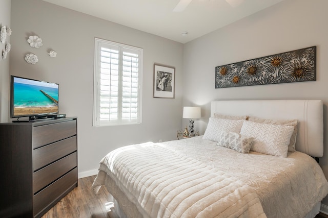 bedroom featuring ceiling fan and light wood-type flooring