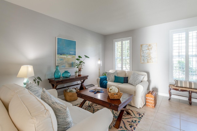 tiled living room with plenty of natural light