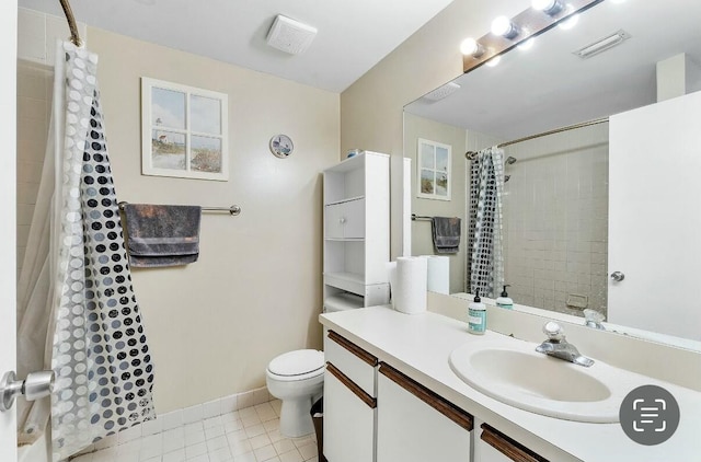 bathroom featuring walk in shower, tile patterned flooring, vanity, and toilet