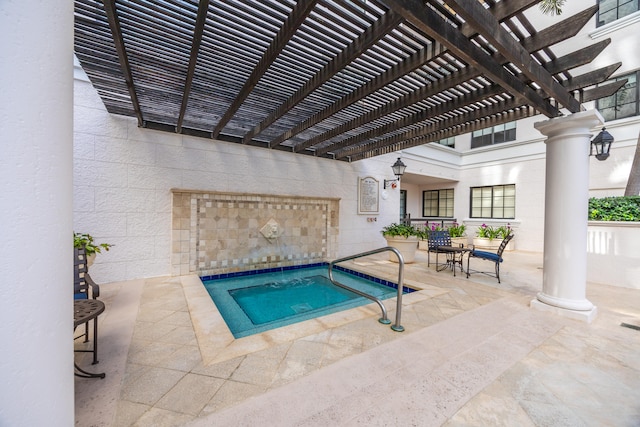 view of pool featuring a pergola, an in ground hot tub, and a patio