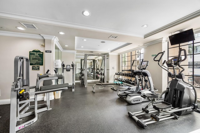 workout area featuring plenty of natural light, a raised ceiling, and crown molding