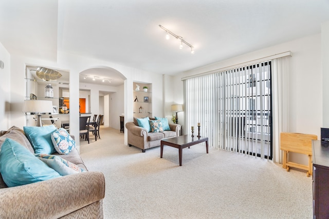 living room featuring track lighting and light colored carpet