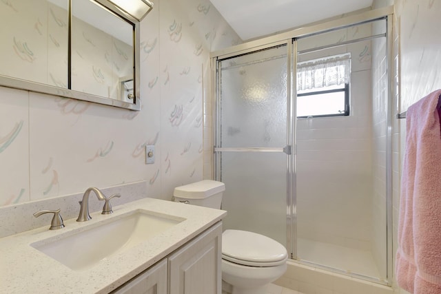 bathroom featuring vanity, toilet, and walk in shower