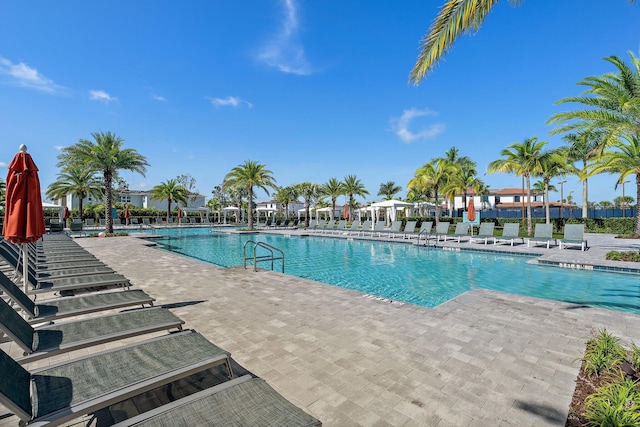 view of swimming pool with a patio