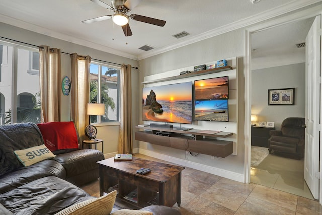 tiled living room featuring ceiling fan and crown molding