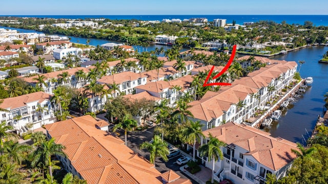 aerial view featuring a water view