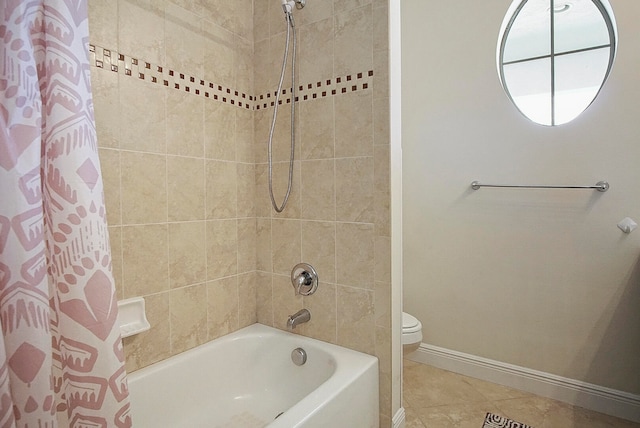 bathroom with tile patterned flooring, shower / bathtub combination with curtain, and toilet