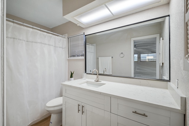 bathroom featuring a shower with curtain, vanity, wood-type flooring, and toilet