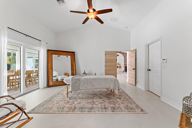 bedroom with ceiling fan, access to exterior, and high vaulted ceiling