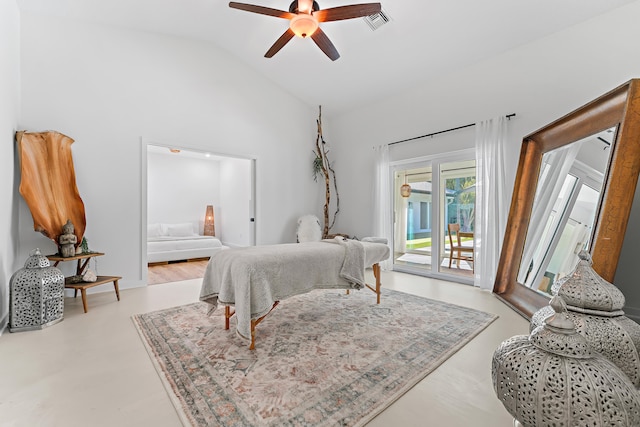 bedroom featuring ceiling fan, access to exterior, and high vaulted ceiling