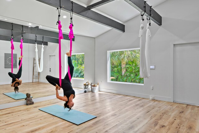 exercise area featuring light hardwood / wood-style floors