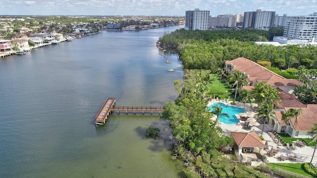 aerial view featuring a water view