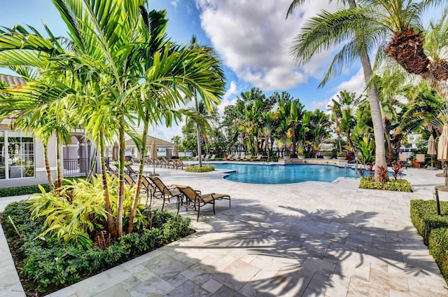 view of swimming pool with a patio area