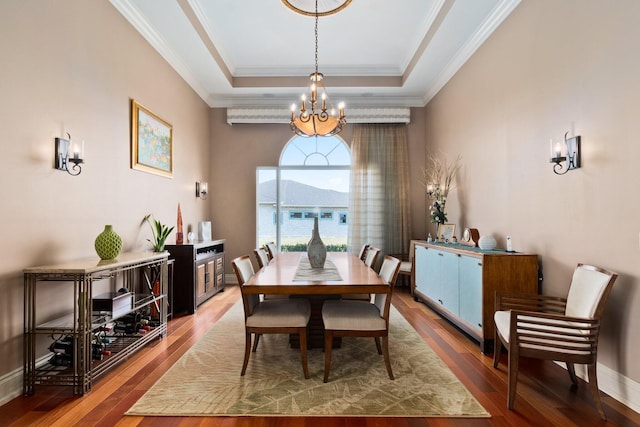 dining room featuring a mountain view, a chandelier, wood-type flooring, a tray ceiling, and ornamental molding