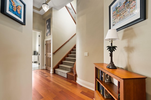 staircase featuring wood-type flooring