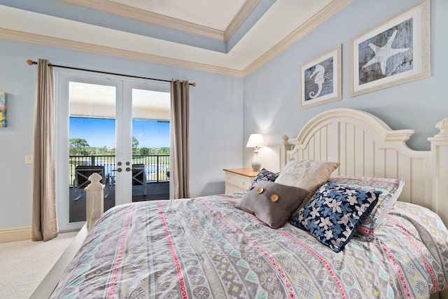 bedroom featuring access to outside, french doors, carpet, and ornamental molding