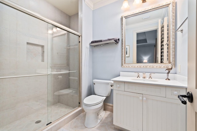 bathroom with tile patterned flooring, toilet, a shower with door, vanity, and ornamental molding