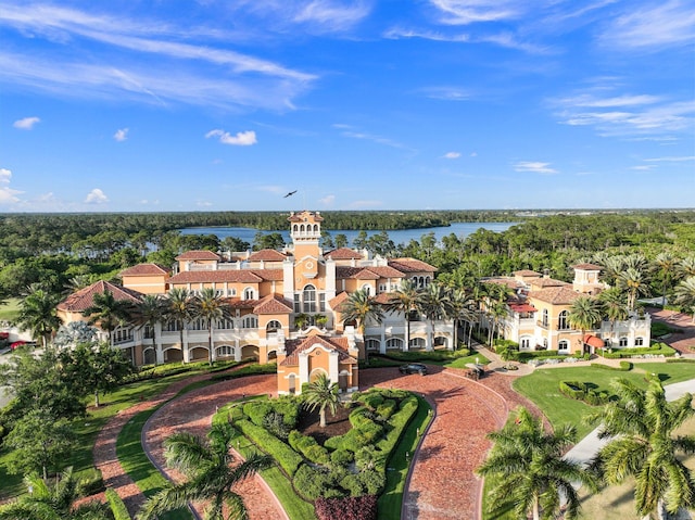 bird's eye view with a water view