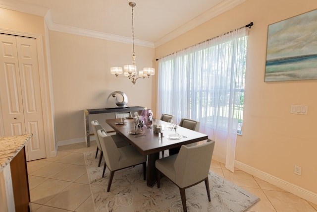 dining space featuring crown molding, light tile patterned flooring, and a chandelier