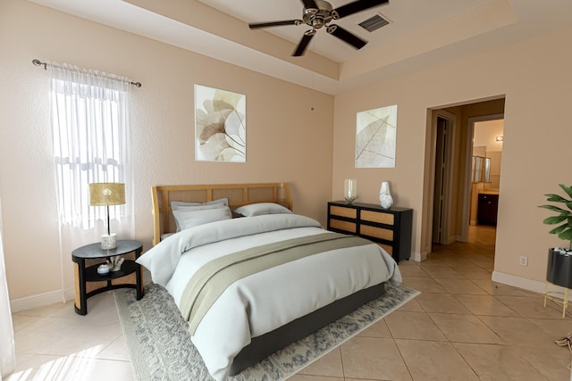 bedroom featuring a raised ceiling, light tile patterned flooring, and ceiling fan