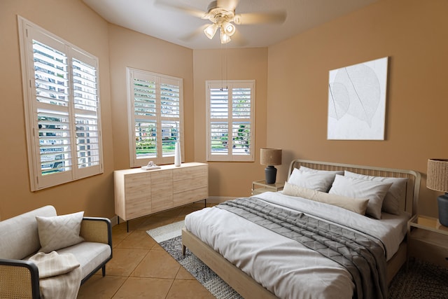 tiled bedroom with ceiling fan