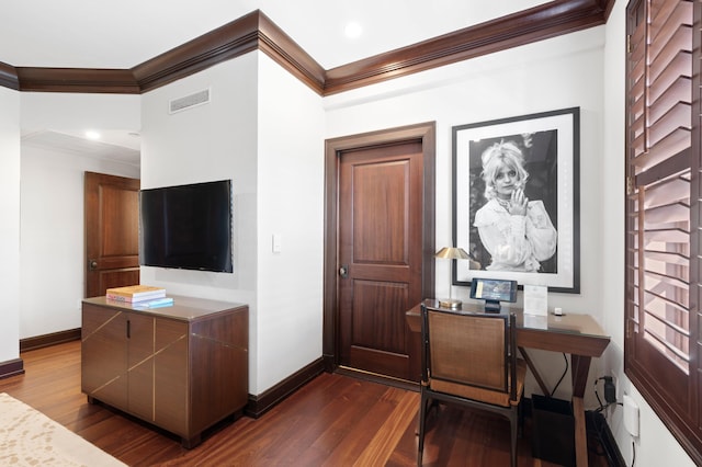 office space featuring dark hardwood / wood-style flooring and ornamental molding