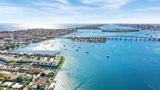 drone / aerial view featuring a water view