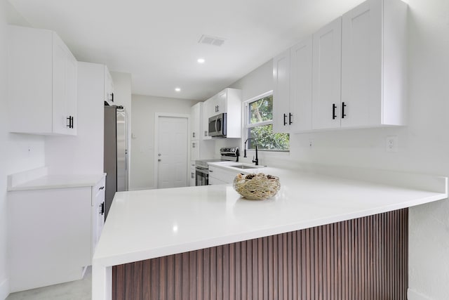 kitchen with white cabinets, sink, kitchen peninsula, and stainless steel appliances