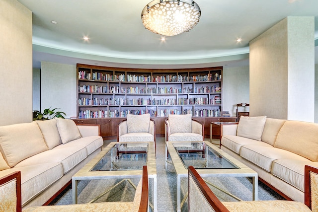 living room featuring built in shelves