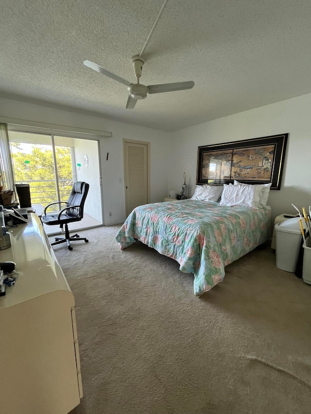 bedroom with access to outside, ceiling fan, carpet, and a textured ceiling