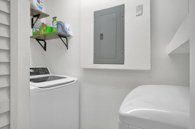 clothes washing area with electric panel and washer / clothes dryer