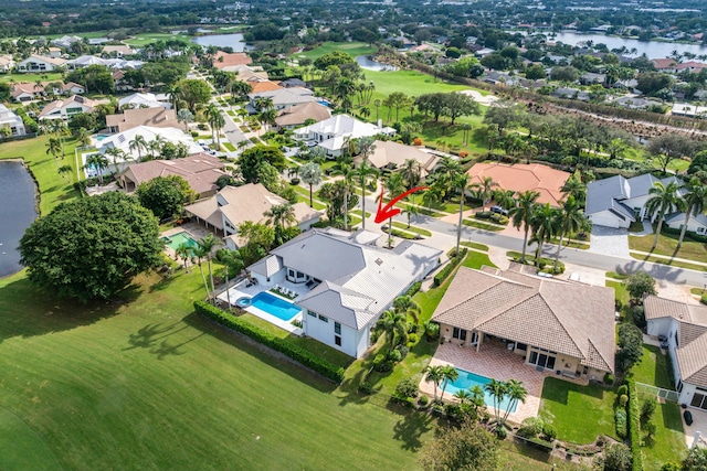 aerial view featuring a water view